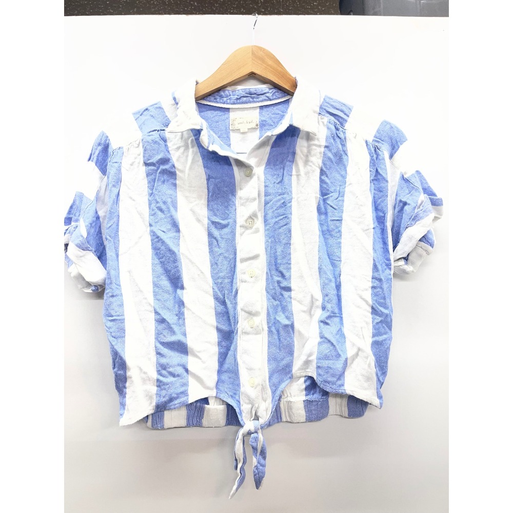 Sandy &‎ Sid Womens Blue White Striped Tie Front Short Sleeve Button Up Top S